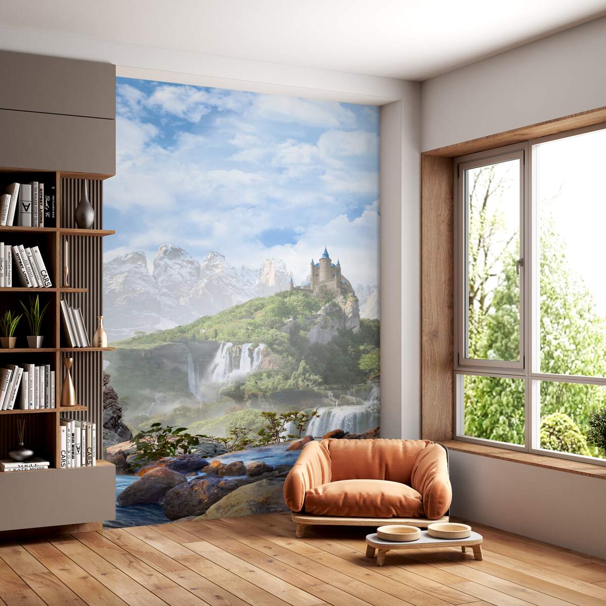 Fototapeta wodospady i zamek w oddali