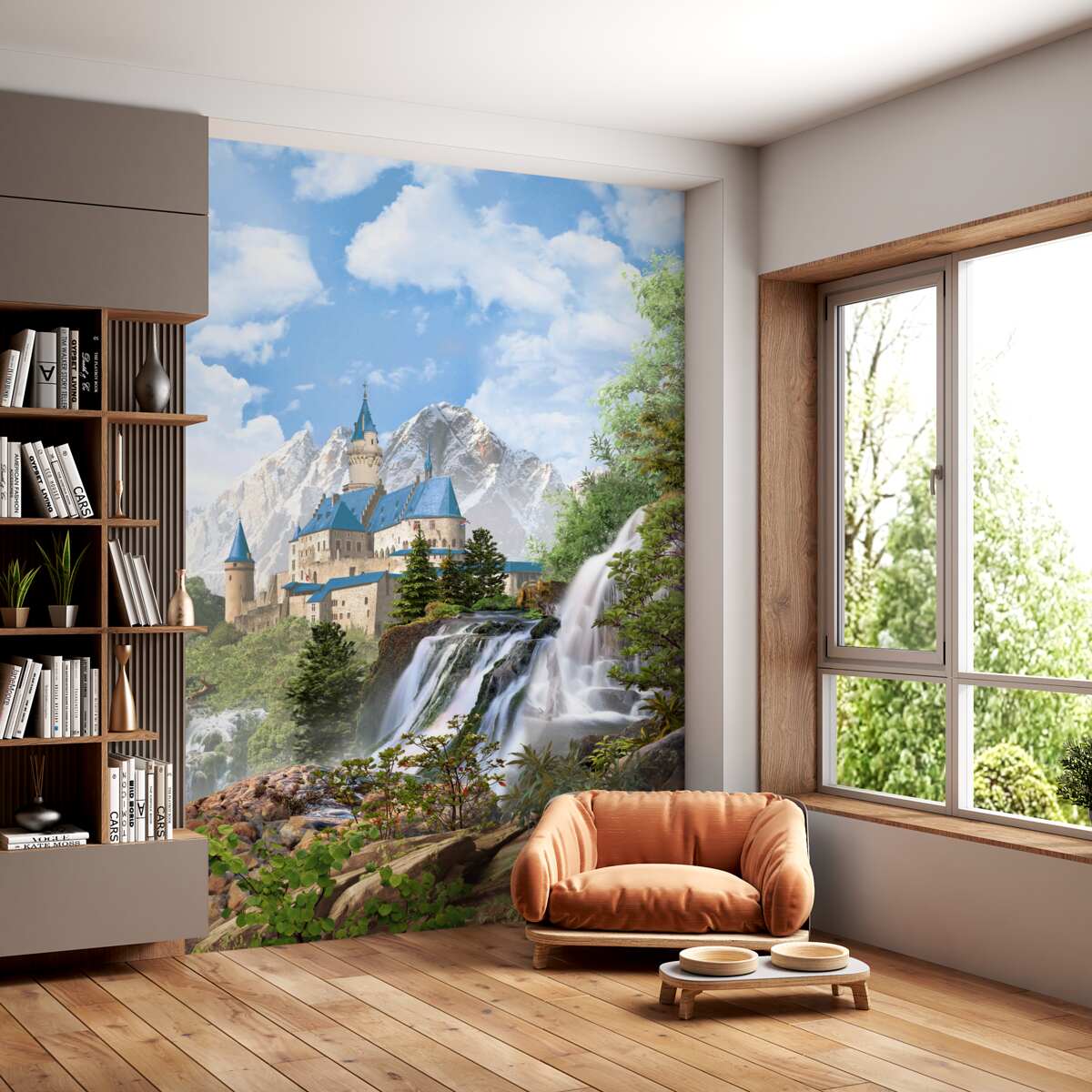 Fototapeta zamek z wodospadem w tle