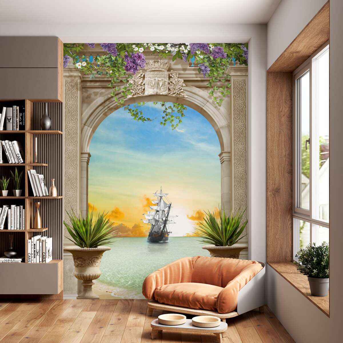 Fototapeta widok z dziobu na morze i przepływający statek