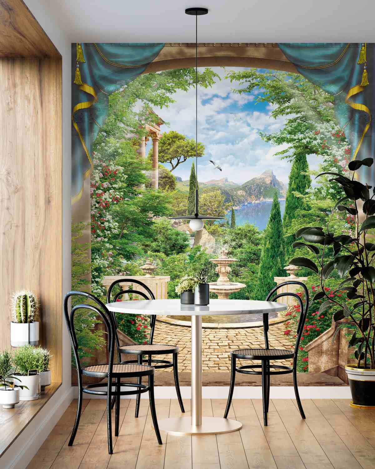 Fototapeta kwitnący ogród i działająca fontanna