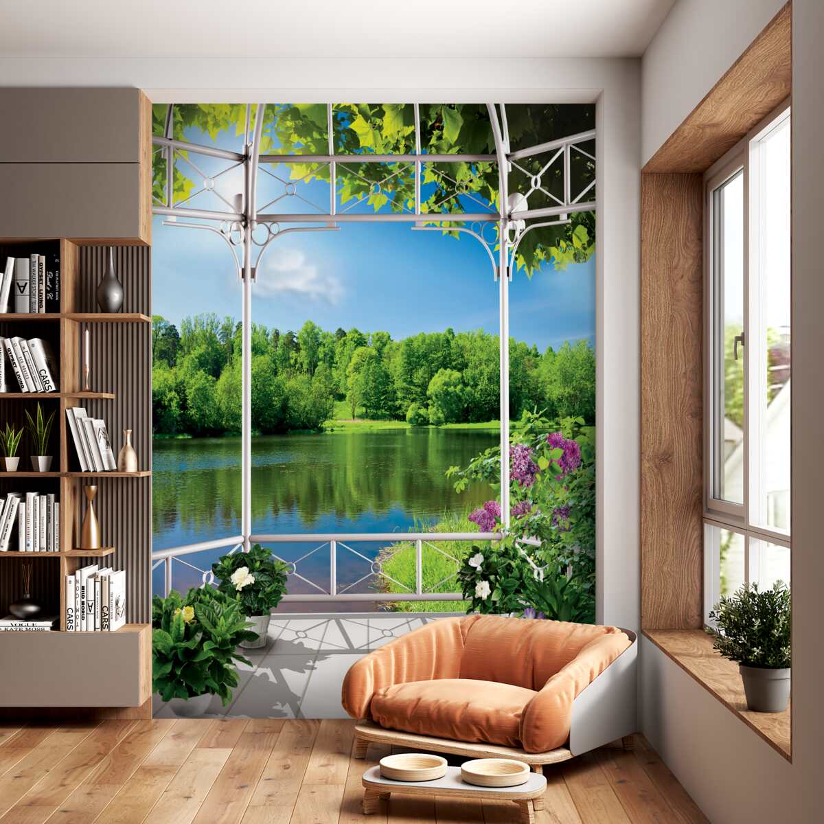 Fototapeta altana z kwiatami nad jeziorem