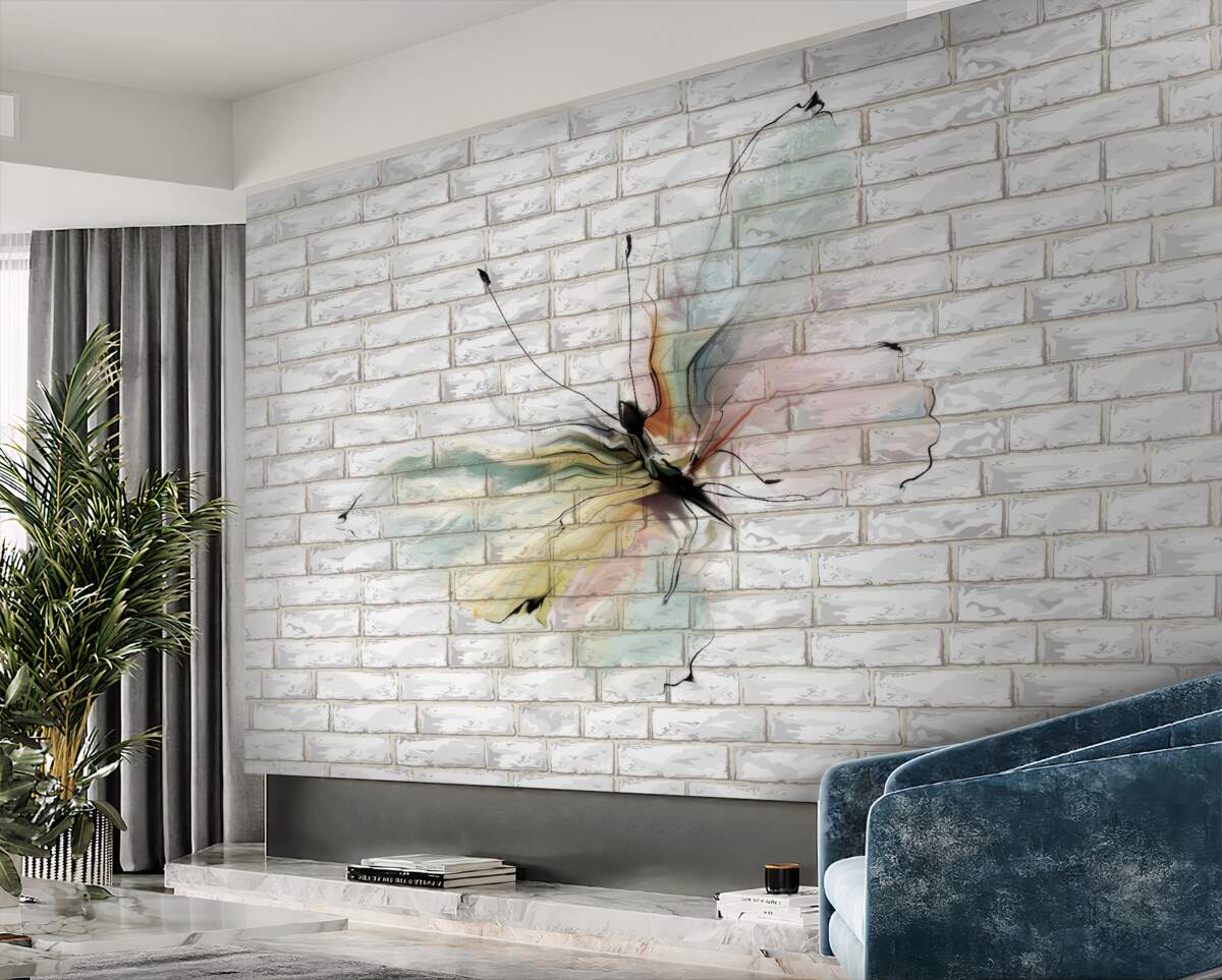 Fototapeta półprzezroczysty motyl na ścianie z cegły