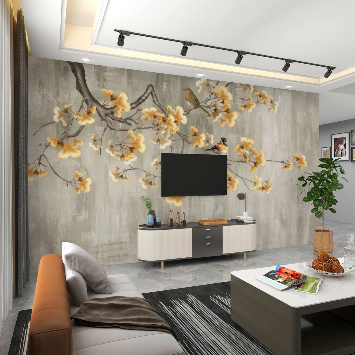 Fototapeta ptaki siedzą na gałęzi z żółtymi kwiatami