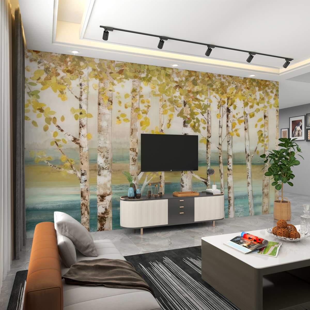 Fototapeta brzozy z żółtymi liśćmi w pobliżu wody