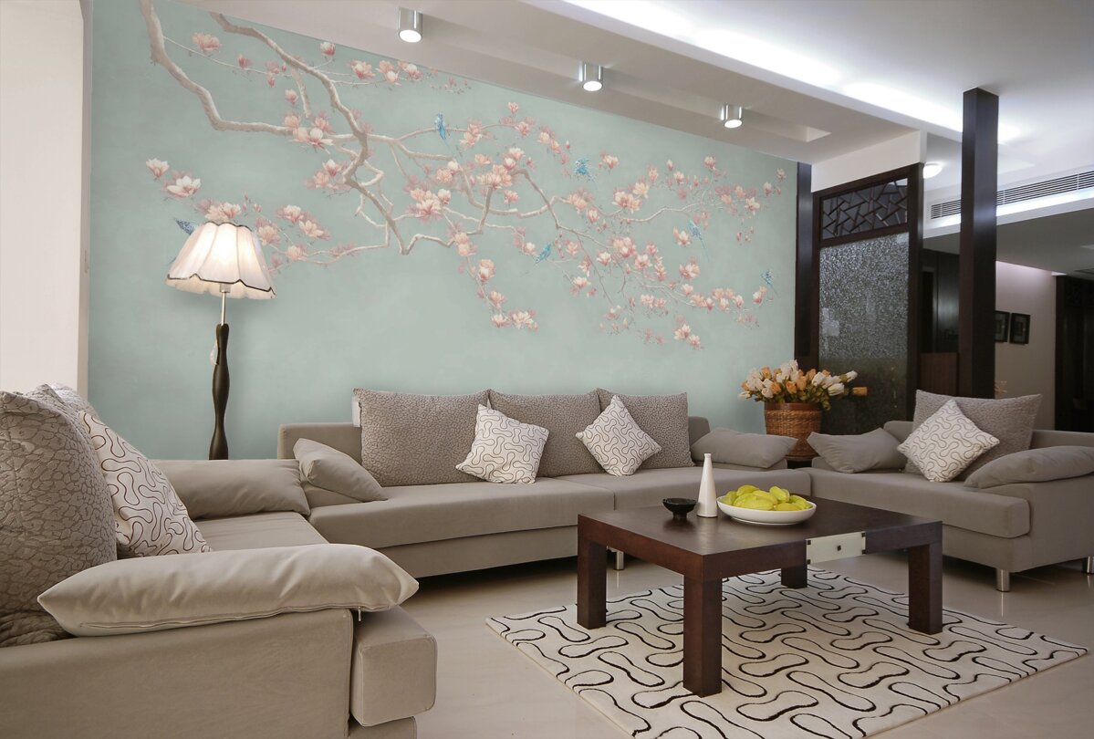 Fototapeta kwitnąca gałąź z niebieskimi ptakami