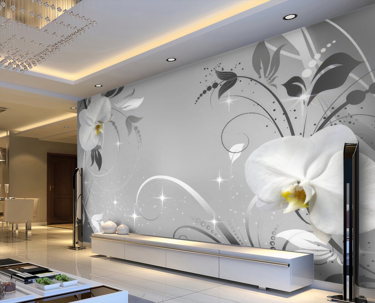 Fototapeta białe orchidee i szare liście