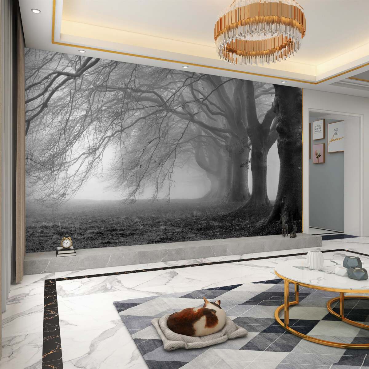 Fototapeta drzewa w mglistym lesie