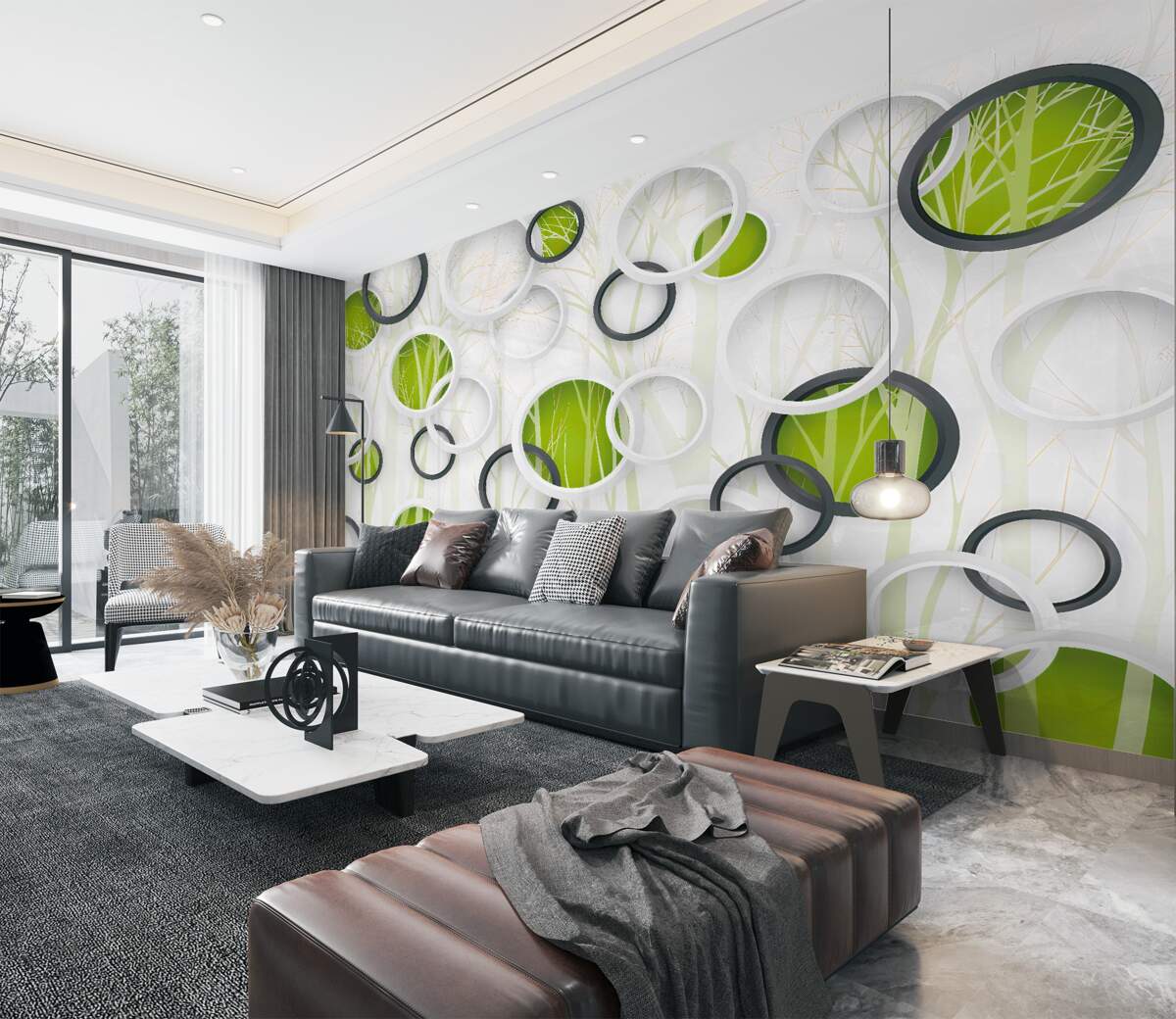 Fototapeta czarno-białe kółka z zielonym