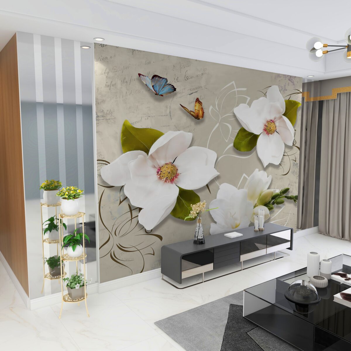 Fototapeta białe kwiaty i dwa motyle