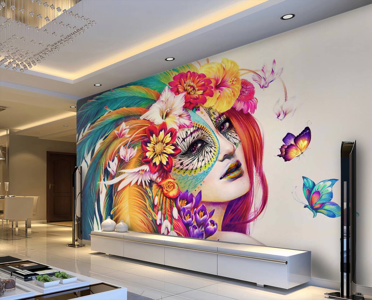 Fototapeta dziewczyna z kolorowymi piórami i kwiatami na głowie