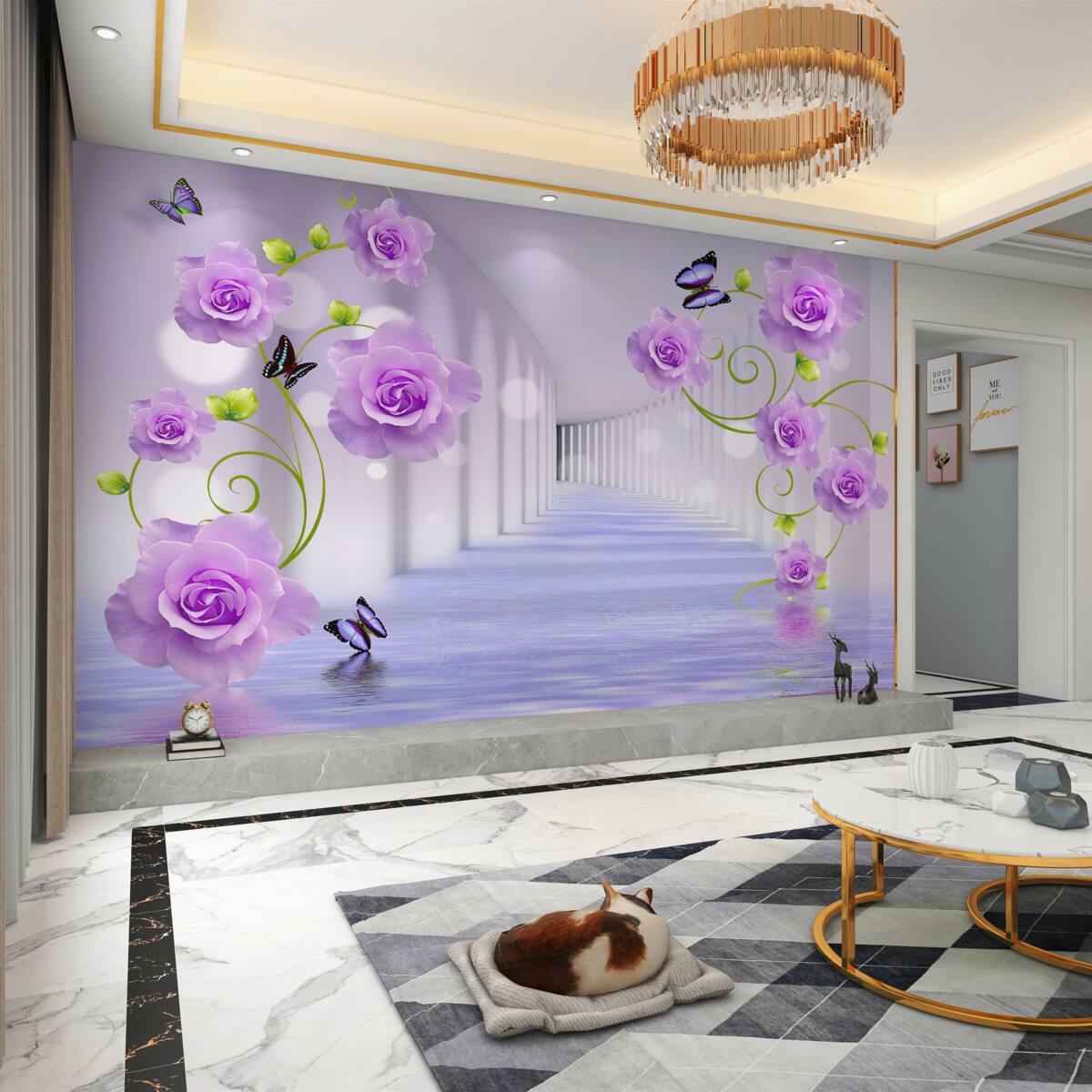 Fototapeta liliowe róże i długi korytarz