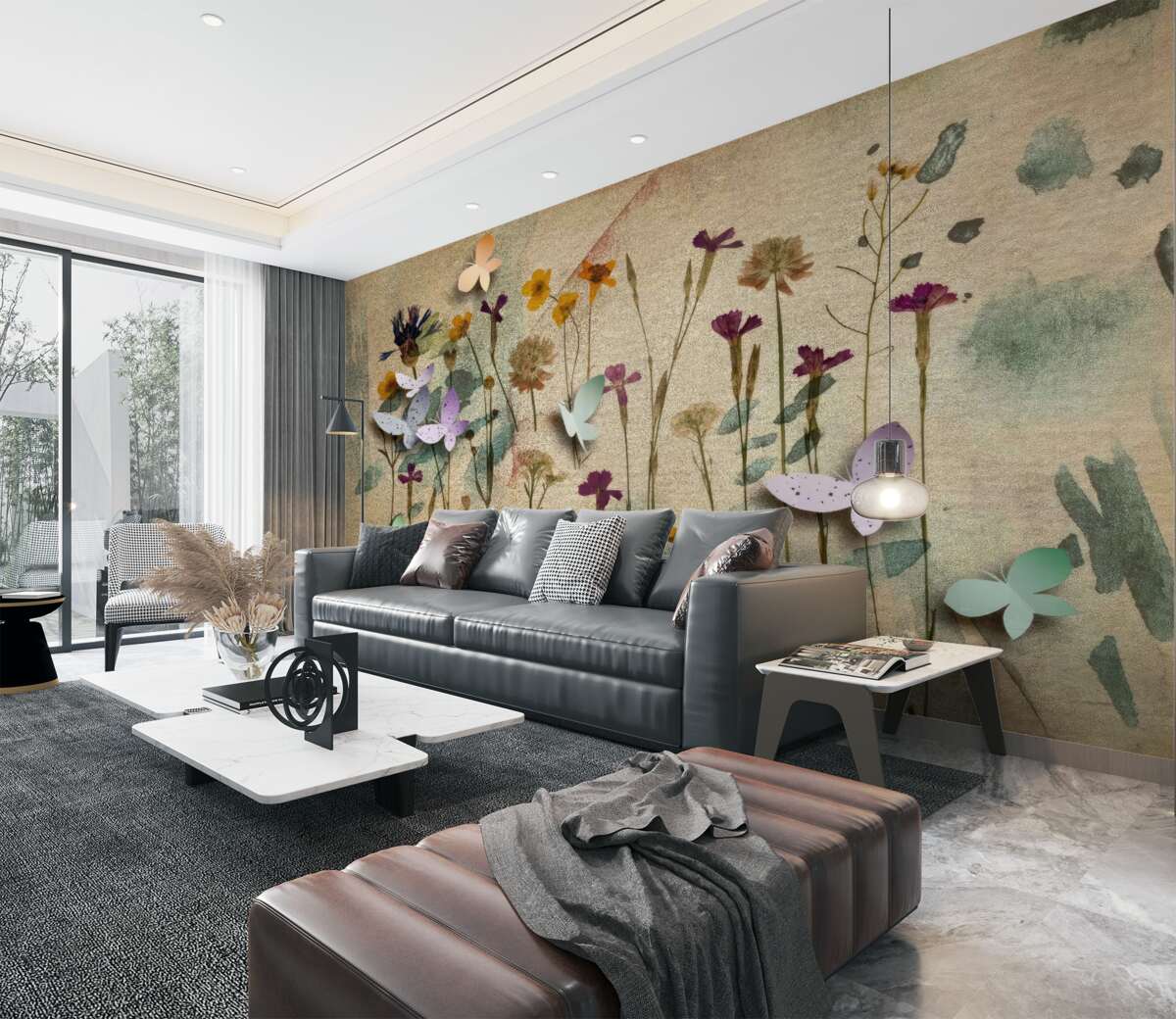 Fototapeta trójwymiarowe kwiaty i malowane motyle