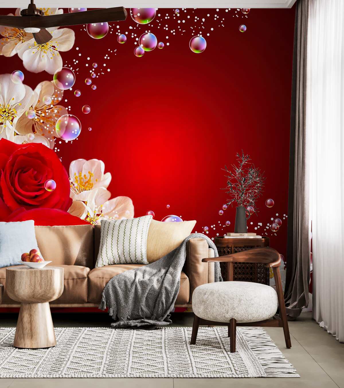 Fototapeta czerwone róże i białe kwiaty na bordowym tle