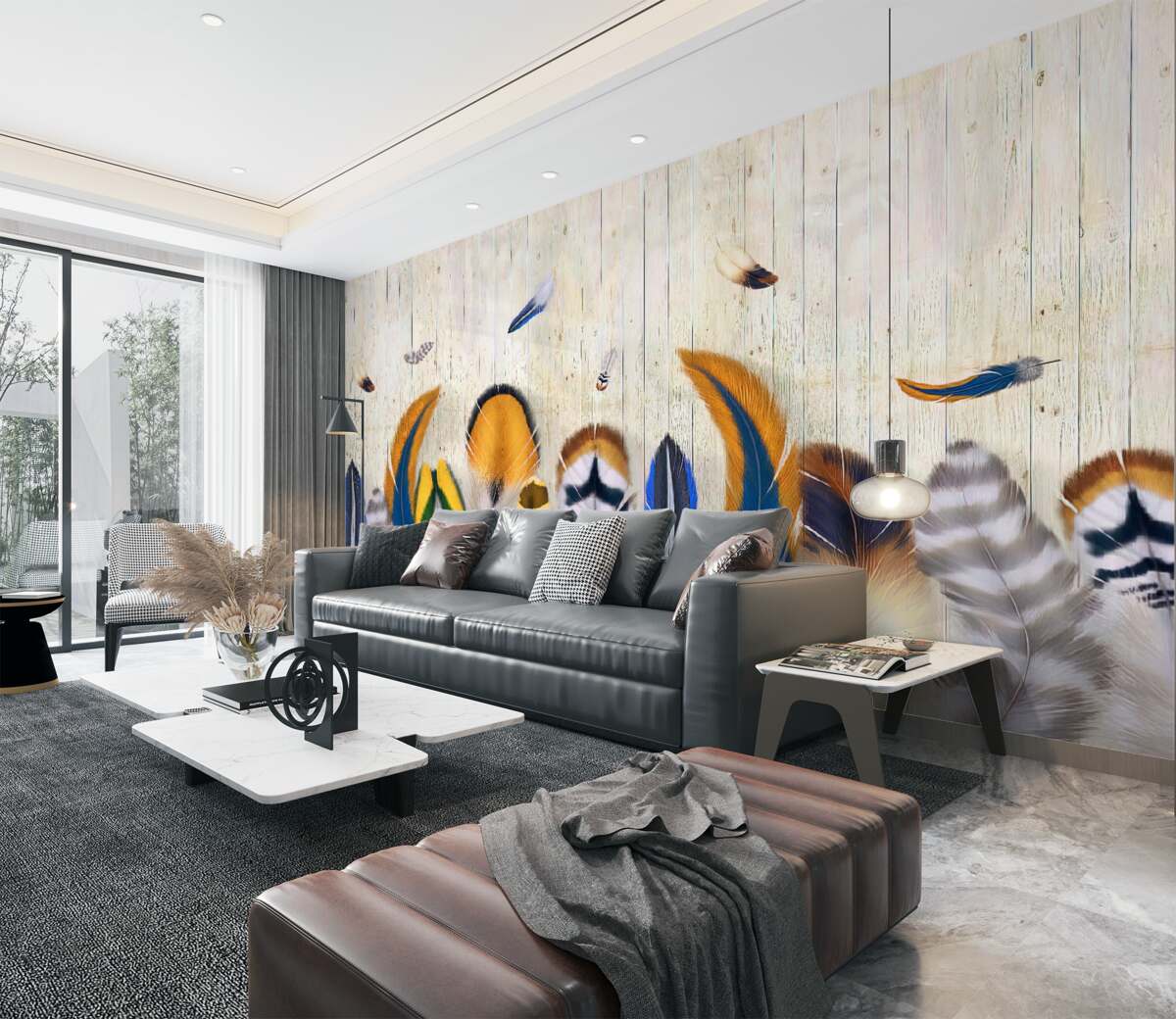 Fototapeta ptasie pióra o różnych kształtach i kolorach