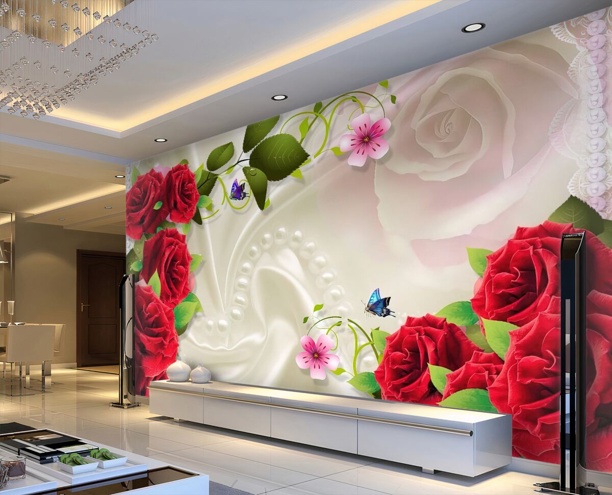 Fototapeta jasne czerwone róże na białej satynowej tkaninie