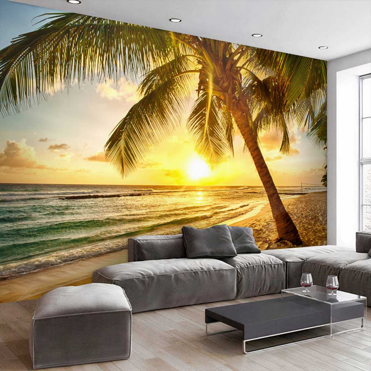 Fototapeta zachód słońca na tle oceanu i palm