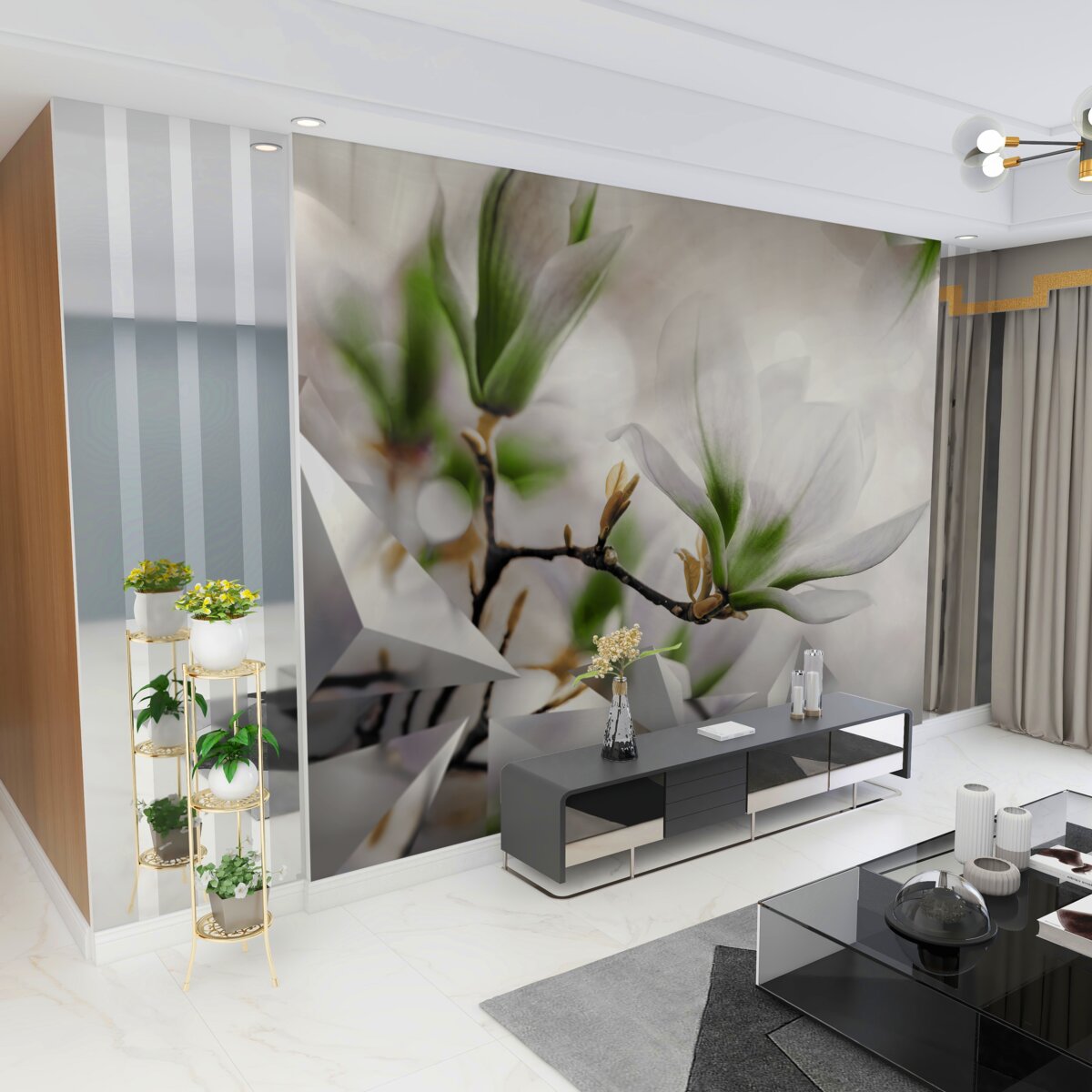 Fototapeta białe i zielone kwiaty oraz geometryczne kształty