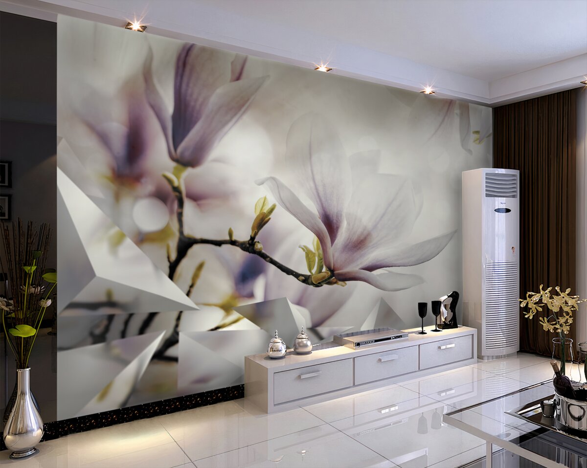 Fototapeta duże liliowe kwiaty i białe postacie