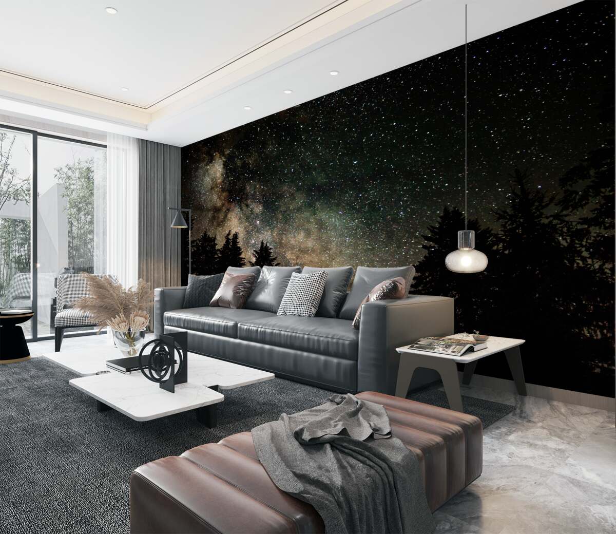 Fototapeta nocny las i gwiaździste niebo