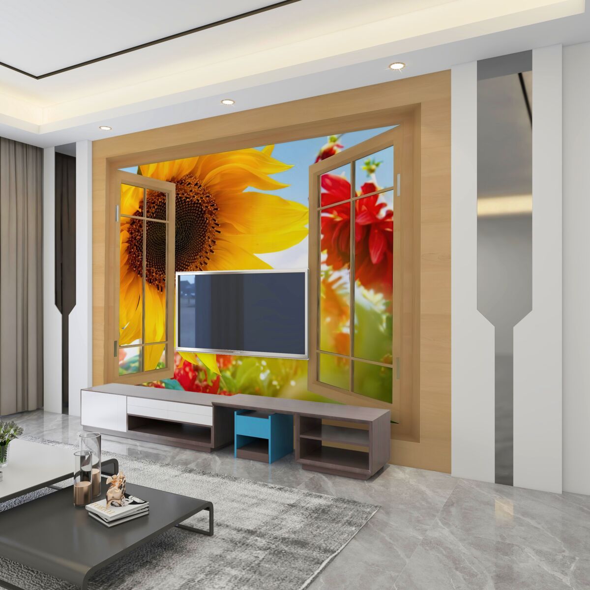 Fototapeta duże kwiaty wyglądają przez okno