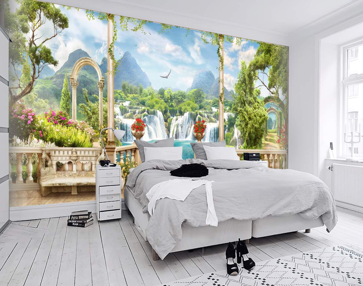 Fototapeta balkon z widokiem na wodospad i pływające łabędzie