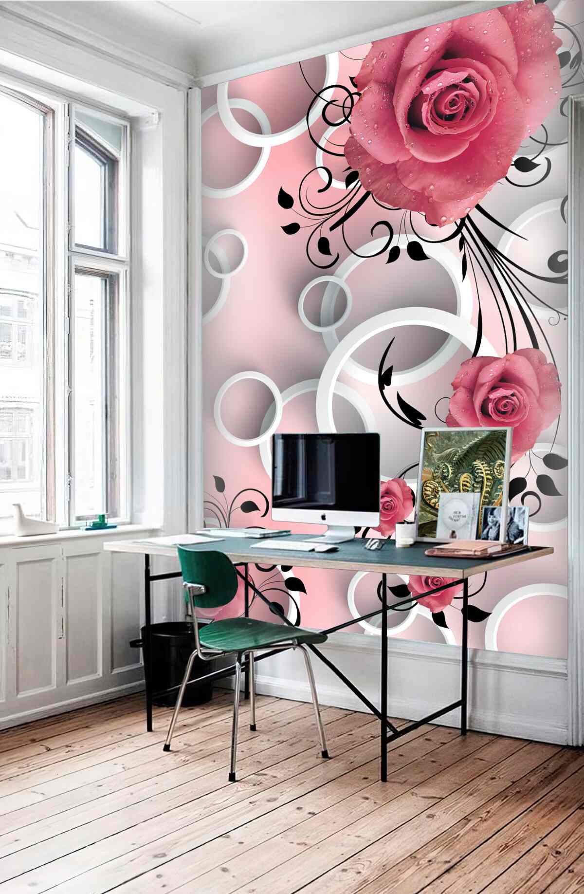 Fototapeta jasne różowe róże na różowym tle z białymi kółkami