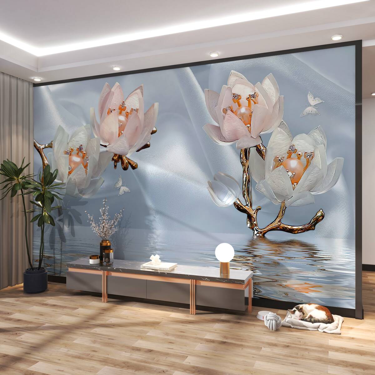 Fototapeta duże białe kwiaty na gałęziach nad wodą