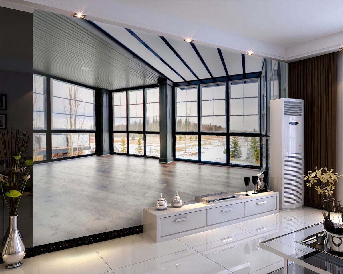 Fototapeta pusty pokój z oknami od podłogi do sufitu