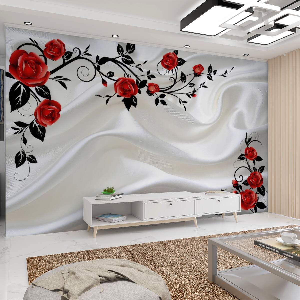 Fototapeta biała satynowa tkanina i czerwone róże