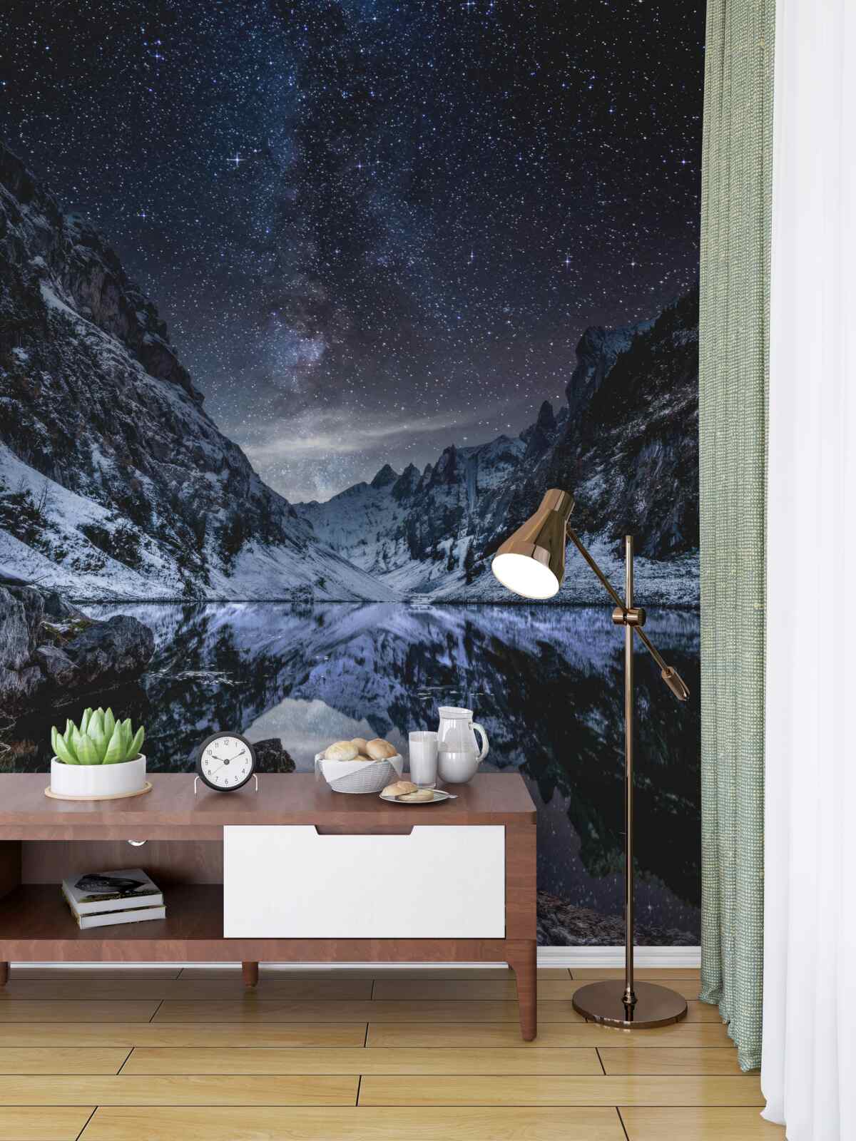 Fototapeta rozgwieżdżone nocne niebo nad górami i rzeką