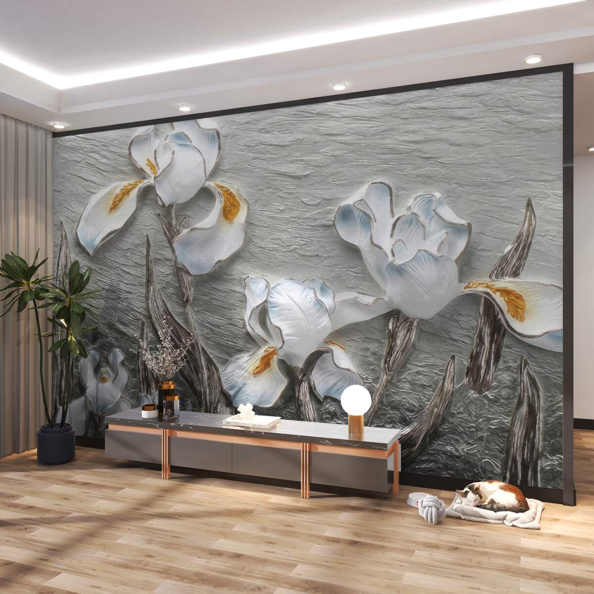 Fototapeta trójwymiarowe kwiaty pomalowane na biało