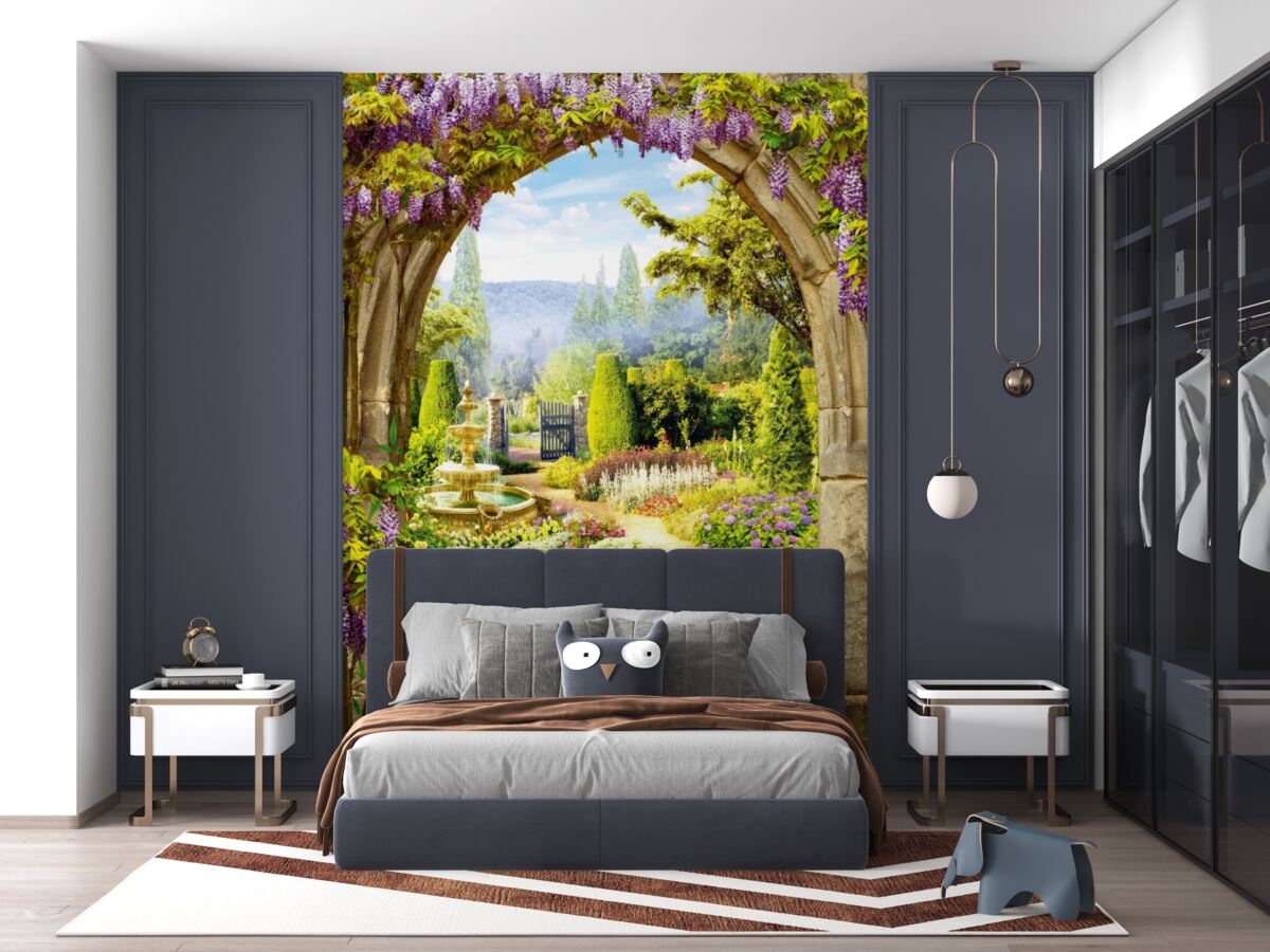 Fototapeta piękny, kwiatowy ogród z fontanną