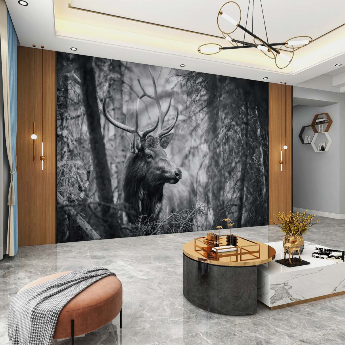 Fototapeta jeleń z rogami leży w lesie