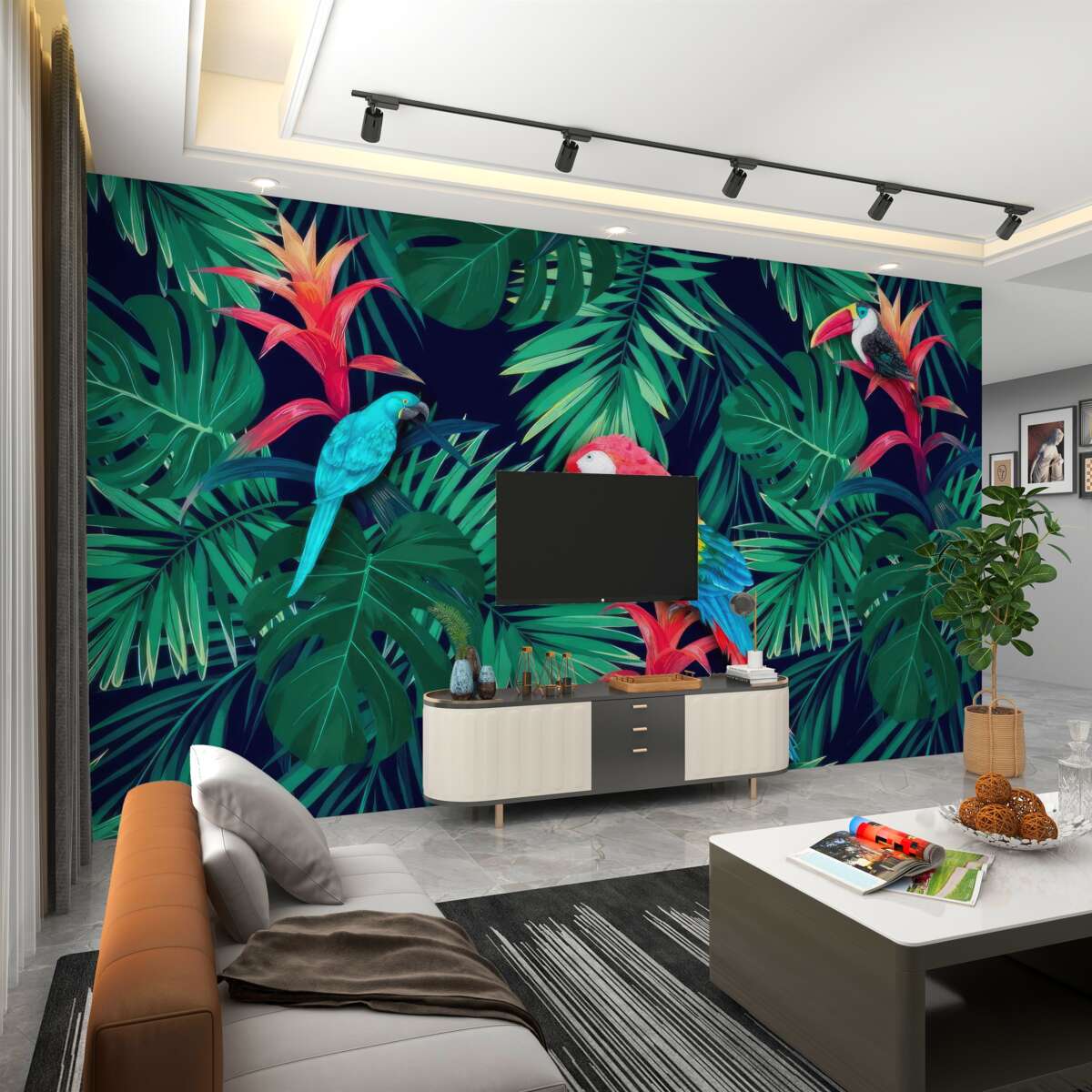 Fototapeta papugi na dużych zielonych liściach