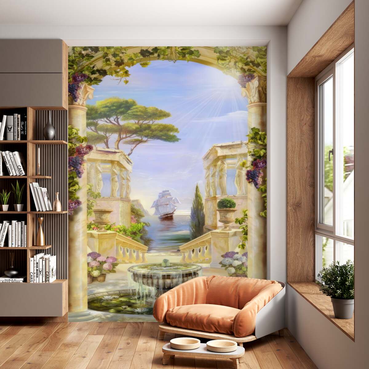 Fototapeta fontanna i widok na pływającą zagrodę