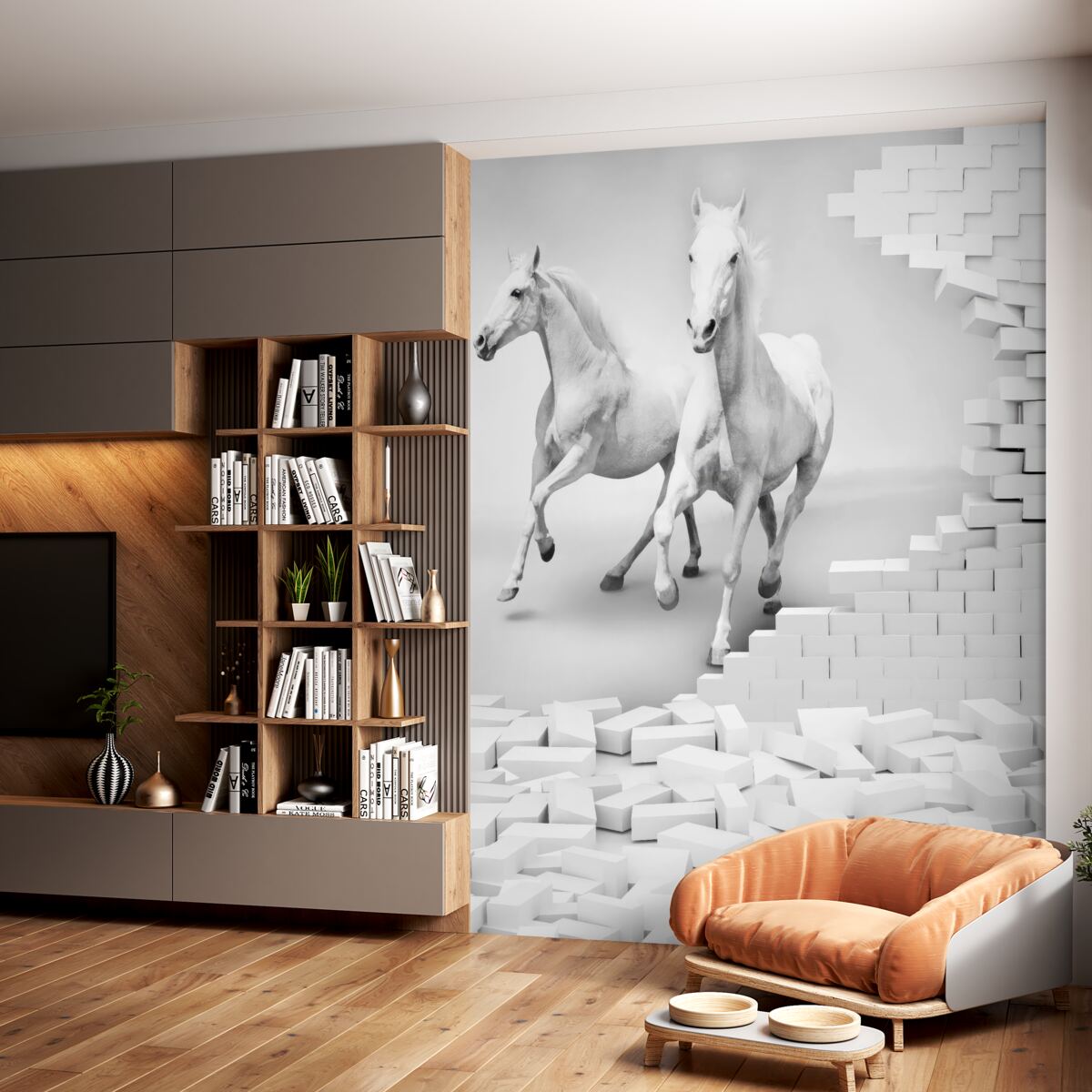 Fototapeta białe konie i połamany ceglany mur