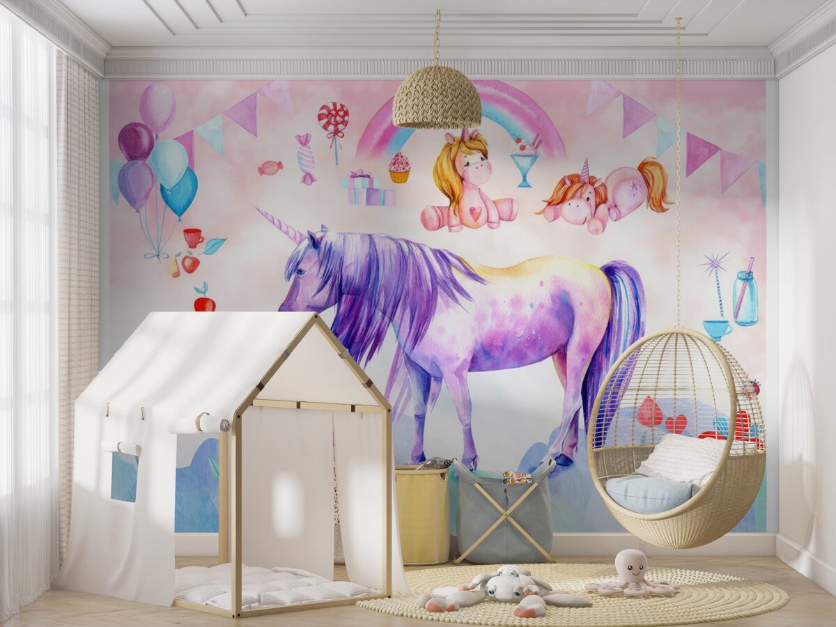 Fototapeta Jednorożce na tęczowym tle z kwiatami i prezentami