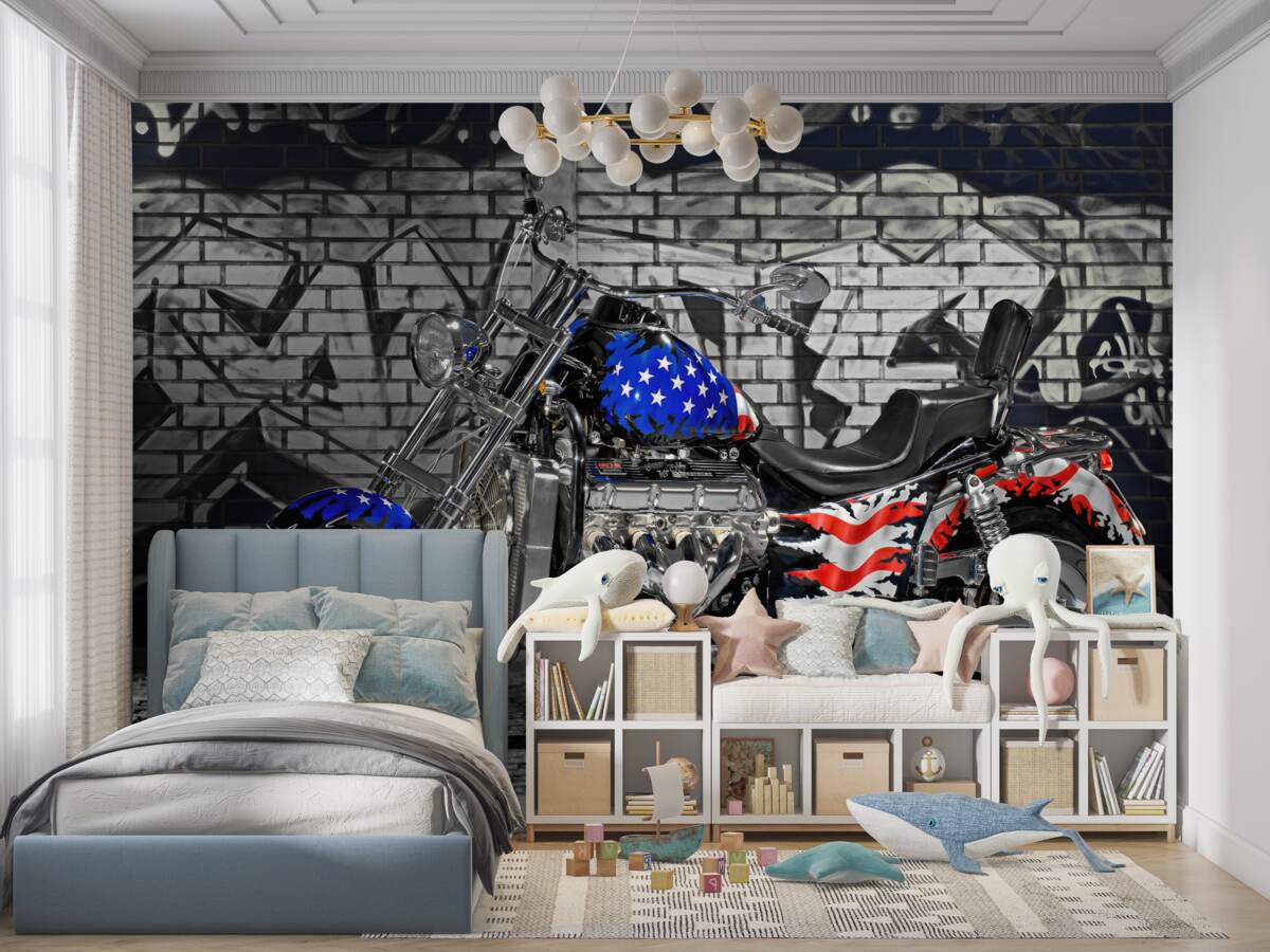 Fototapeta Motocykl na ścianie z graffiti