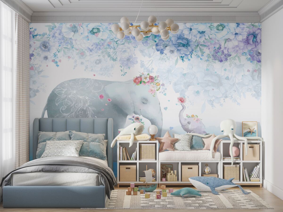 Fototapeta Słoń i słoniątko w kwiatach