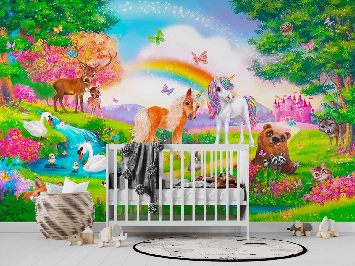 Fototapeta Jednorożce, zwierzęta, ptaki i motyle na leśnej polanie