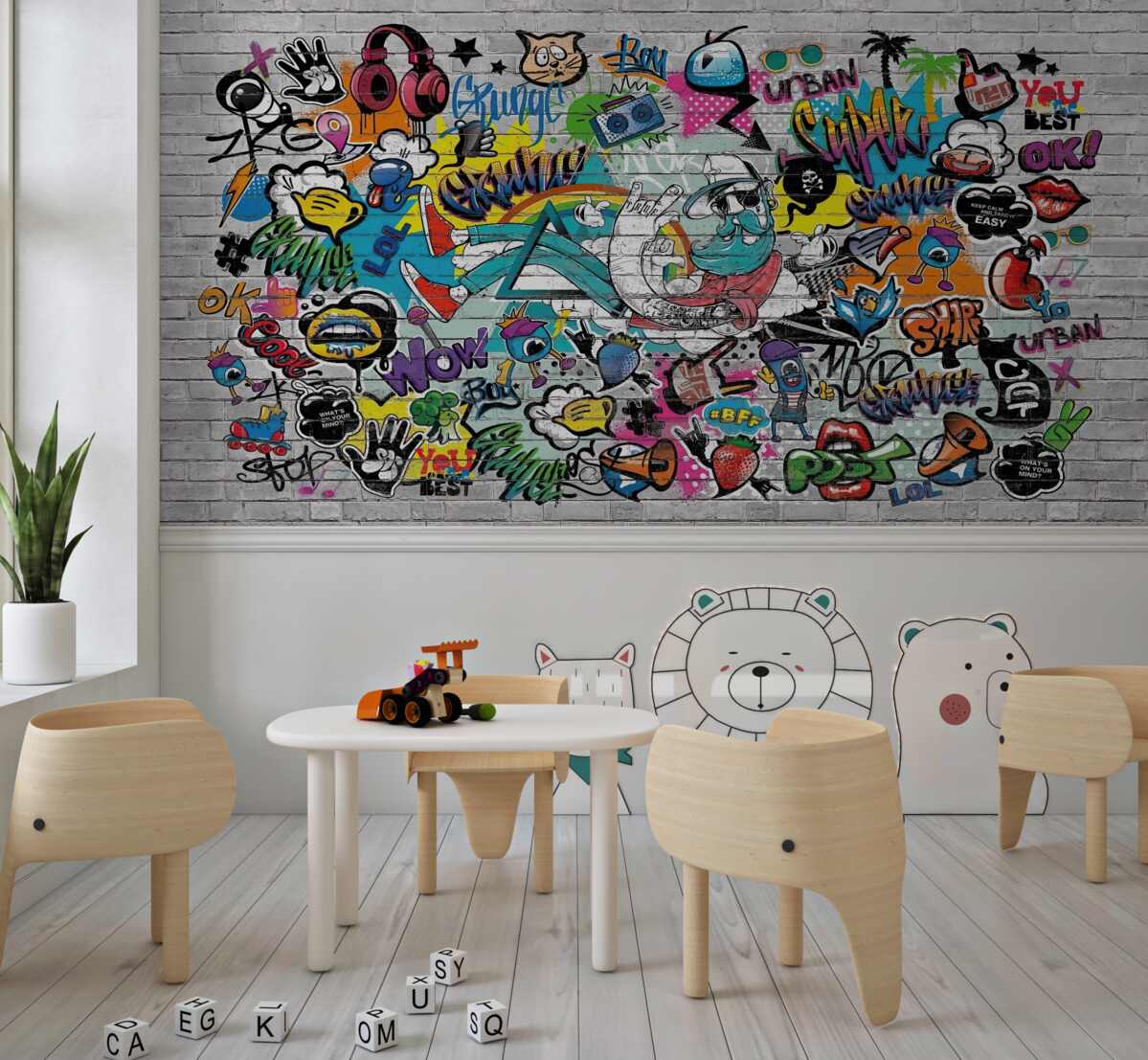 Fototapeta Mur z cegieł z kolorowymi graffiti