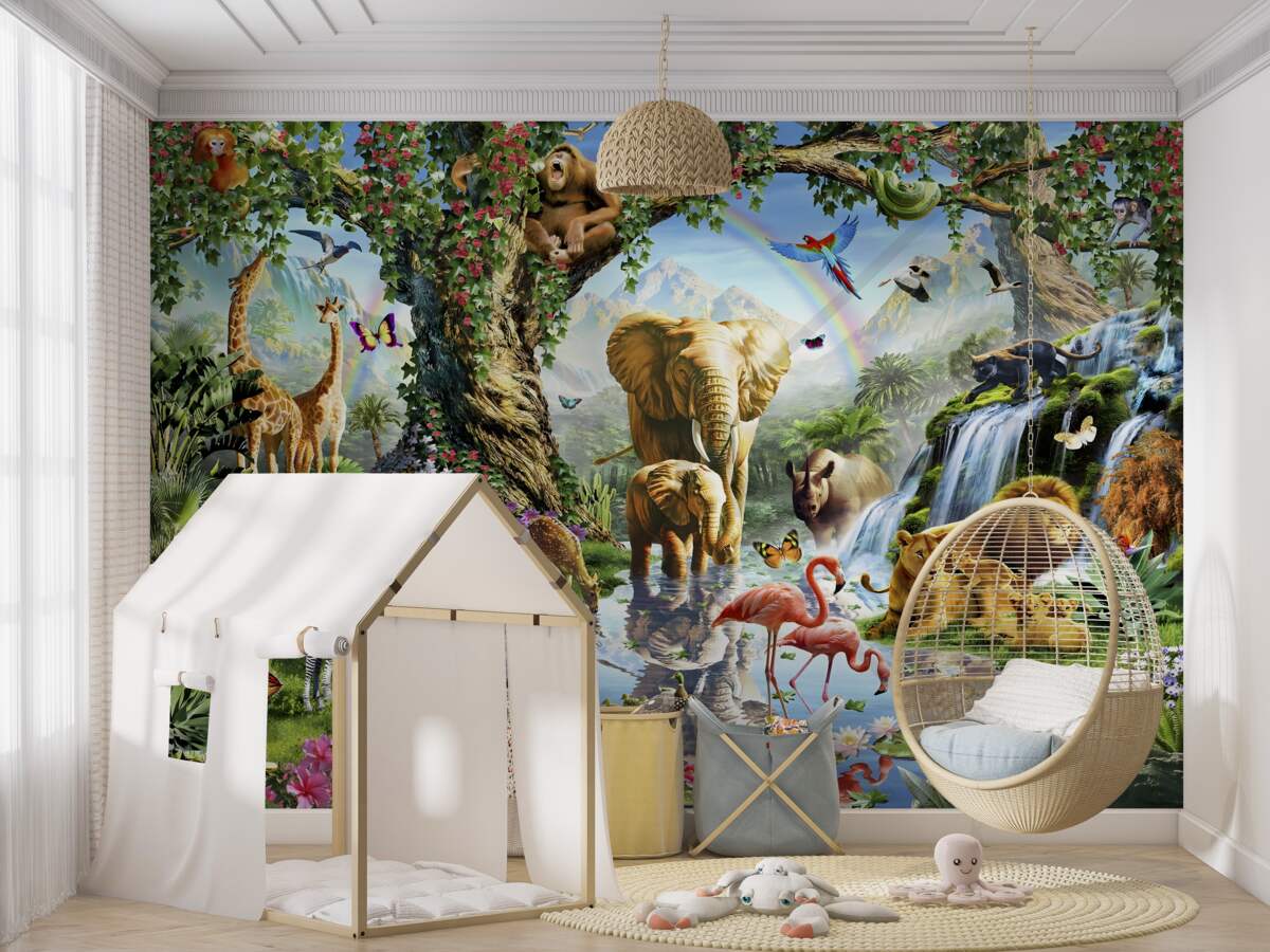 Fototapeta Różne zwierzęta i ptaki w lesie w pobliżu wody