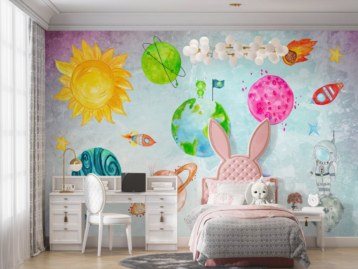 Fototapeta Planety z kreskówek i astronauta na Księżycu