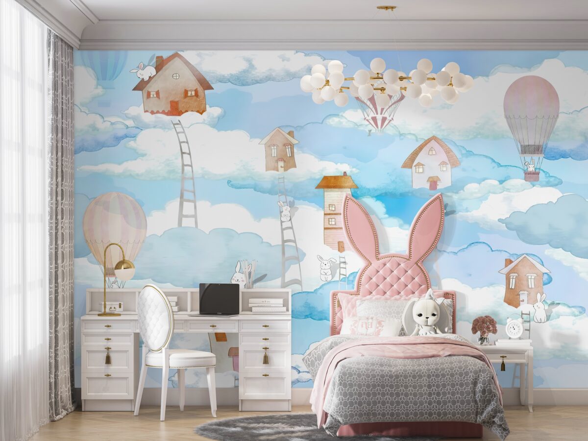 Fototapeta Króliczki na dachach domów i na schodach