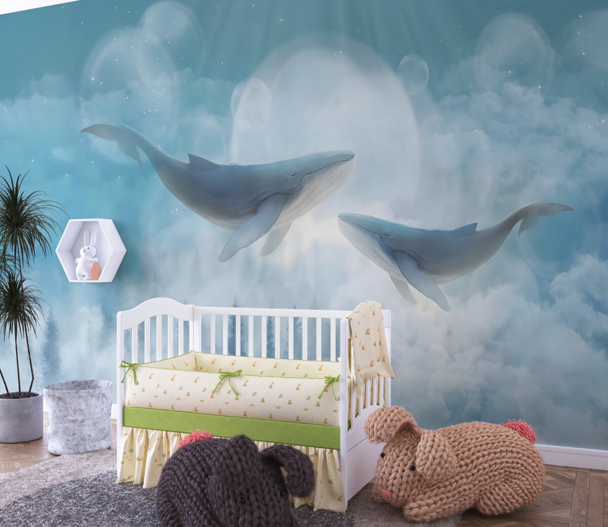 Fototapeta Wieloryby unoszące się nad mglistym lasem