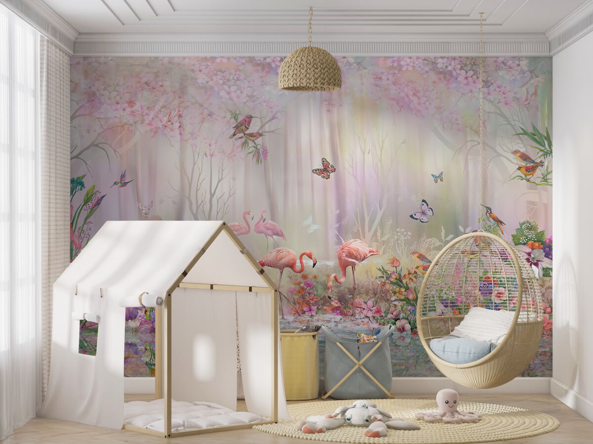 Fototapeta Flaming i inne ptaki w mglistym lesie