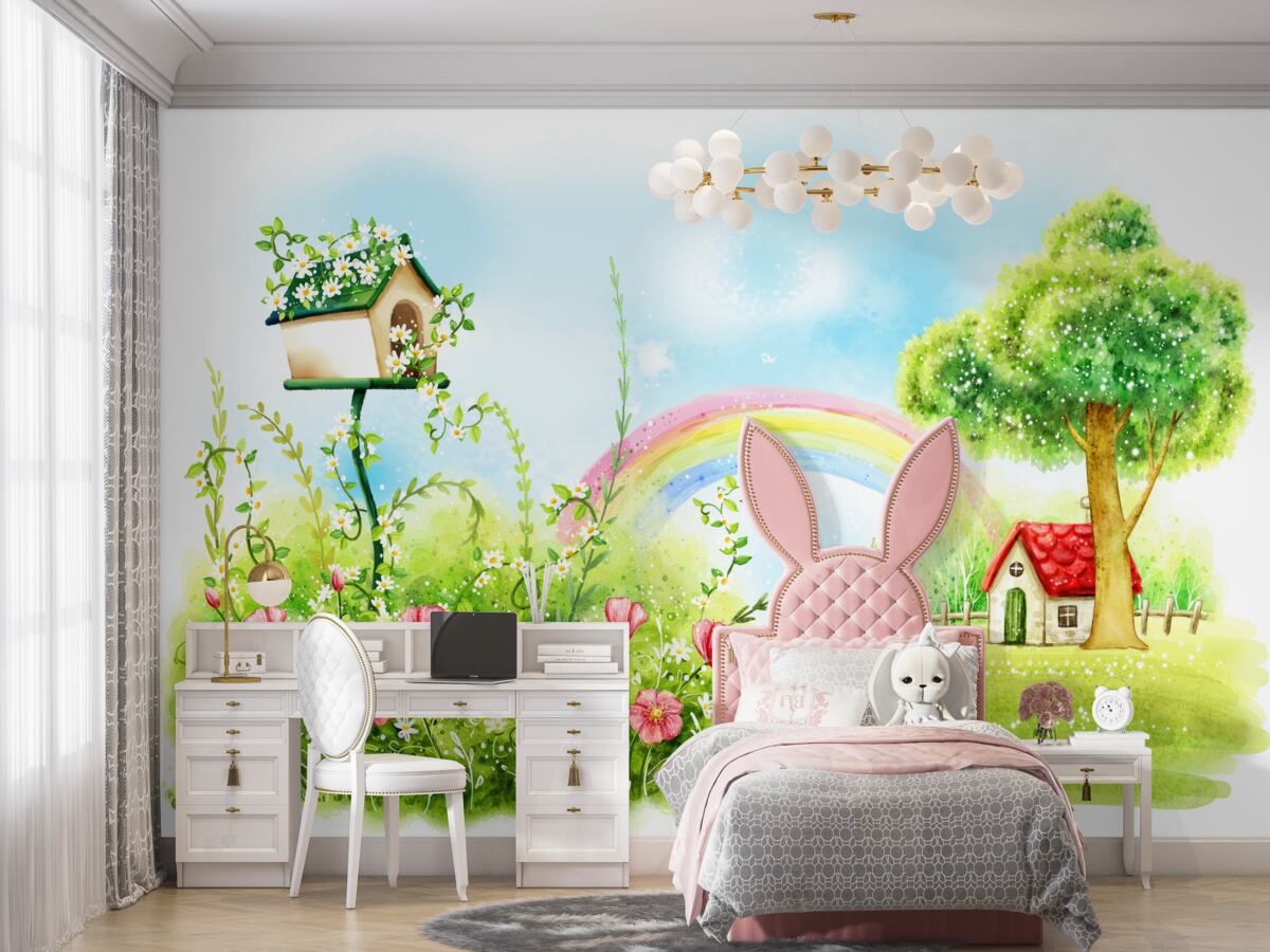 Fototapeta Polana, dom i tęcza