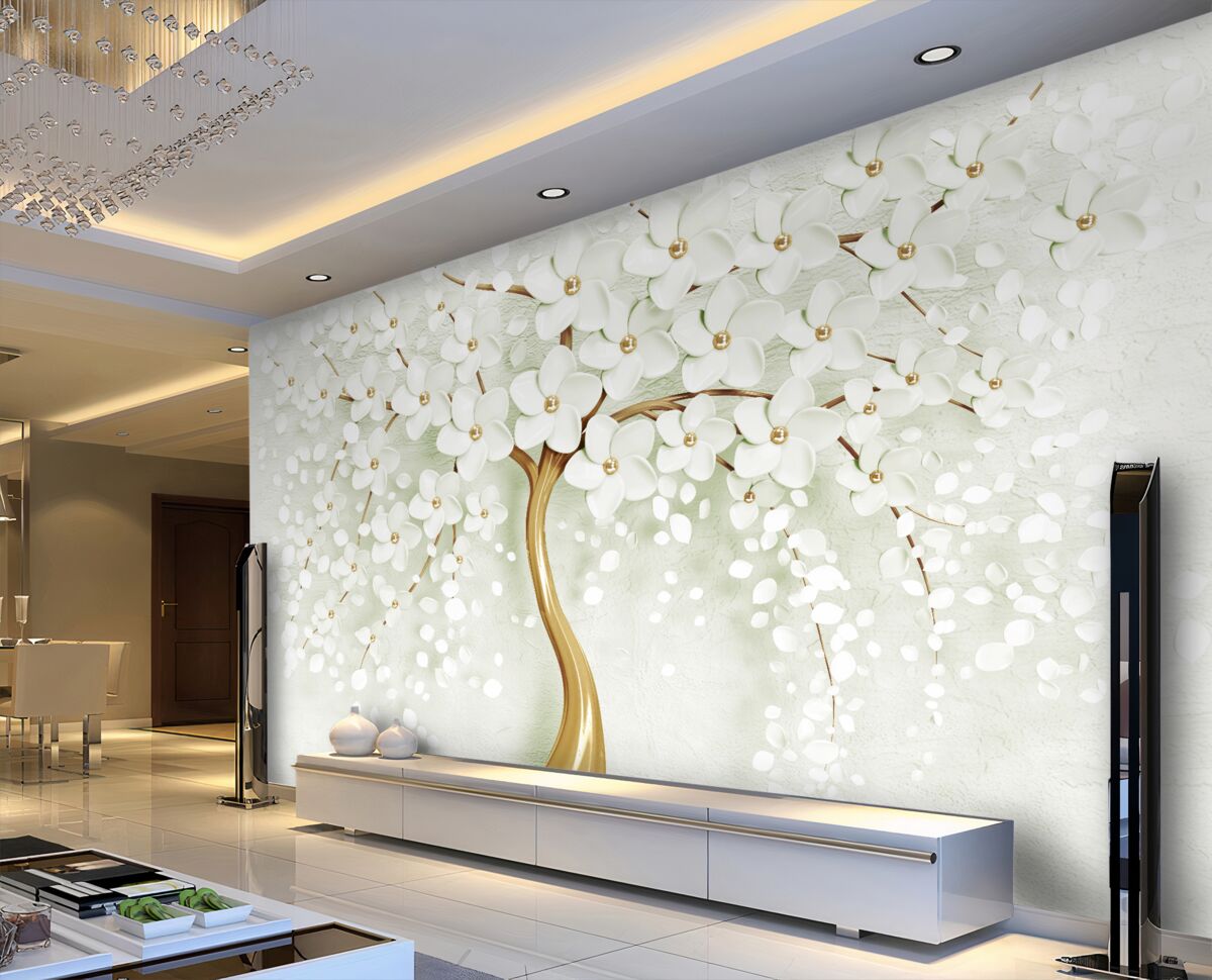 Fototapeta letnie drzewo z białymi kwiatami