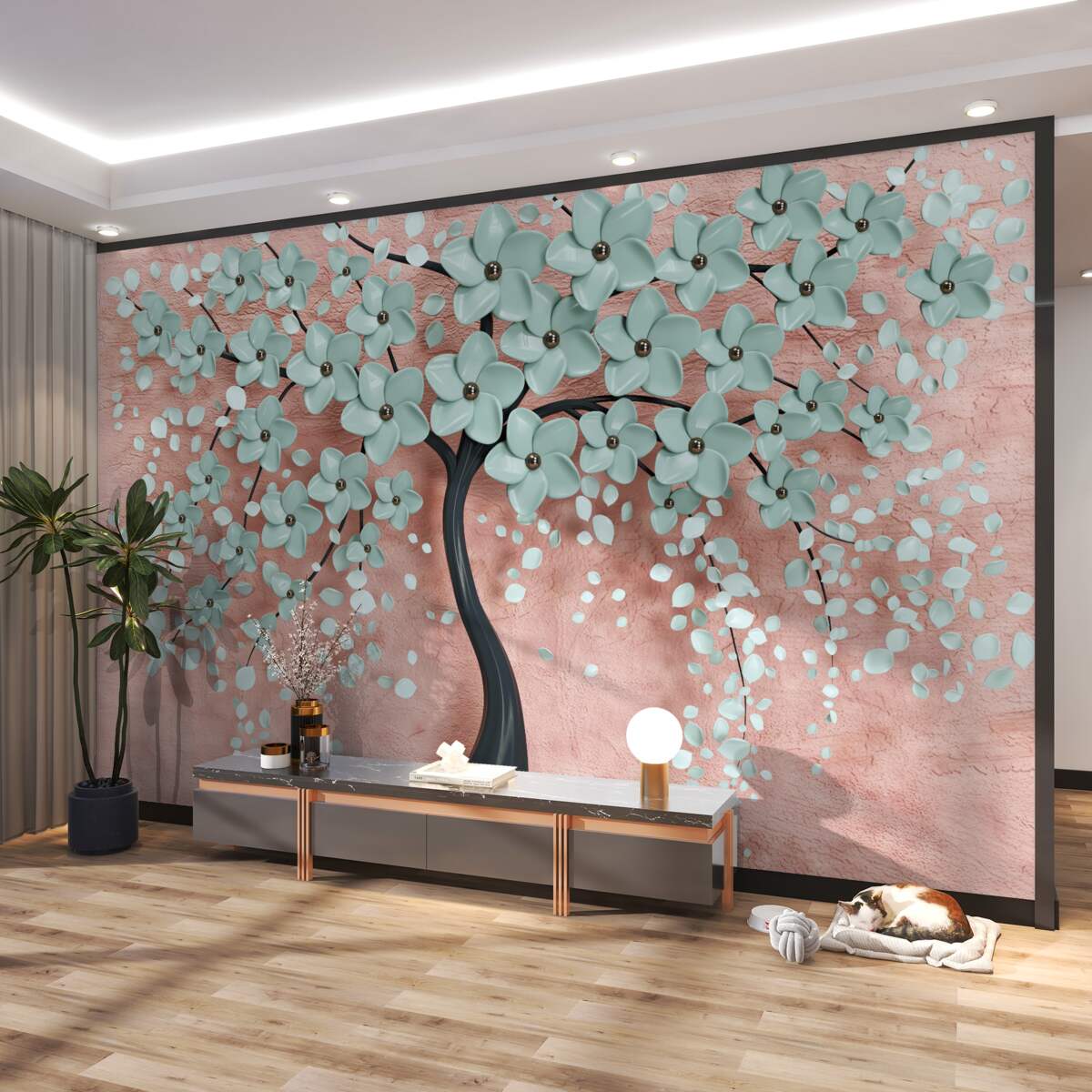 Fototapeta drzewo z niebieskimi kwiatami