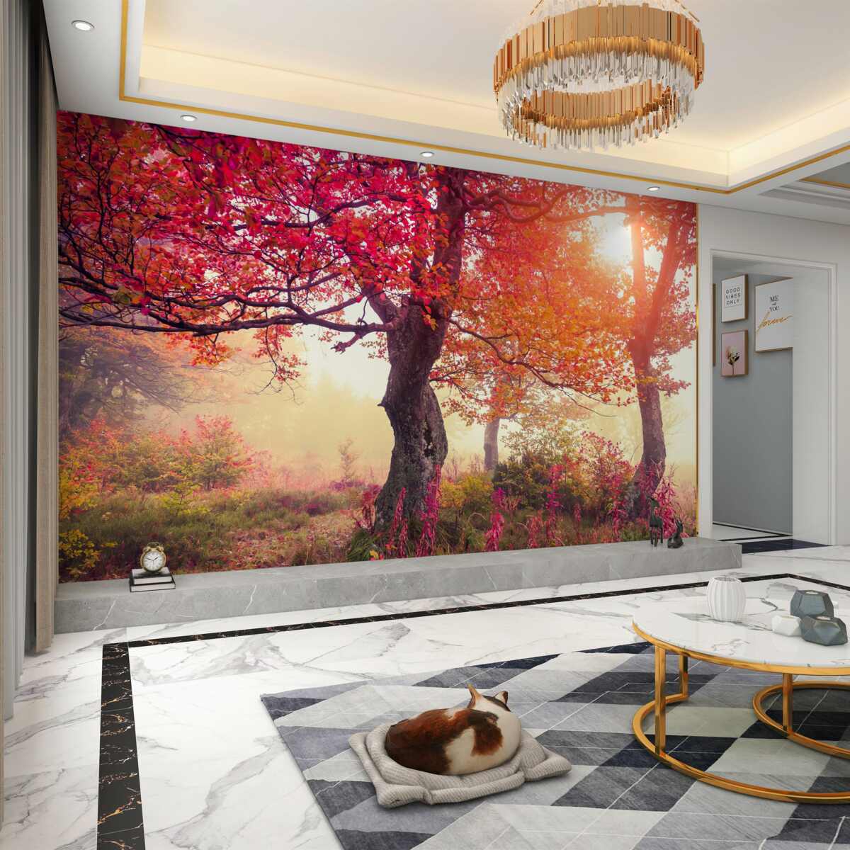 Fototapeta Kwitnące drzewa w mglistym lesie